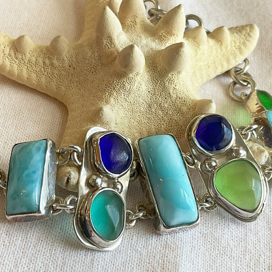 Larimar, Cobalt, Green Sea Glass & Sterling Silver Bracelet