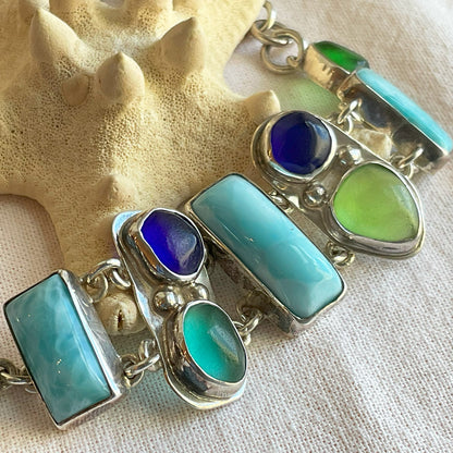 Larimar, Cobalt, Green Sea Glass & Sterling Silver Bracelet