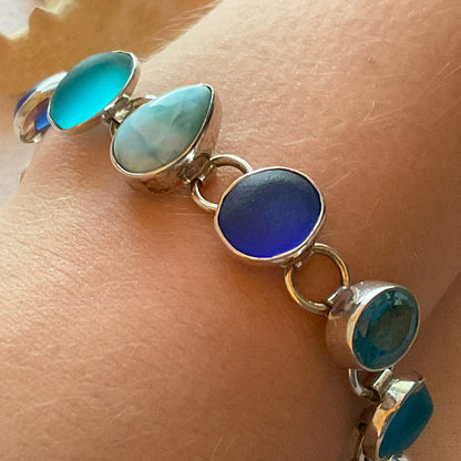 Larimar, Blue Quartz, Sea Glass & Sterling Silver Bracelet