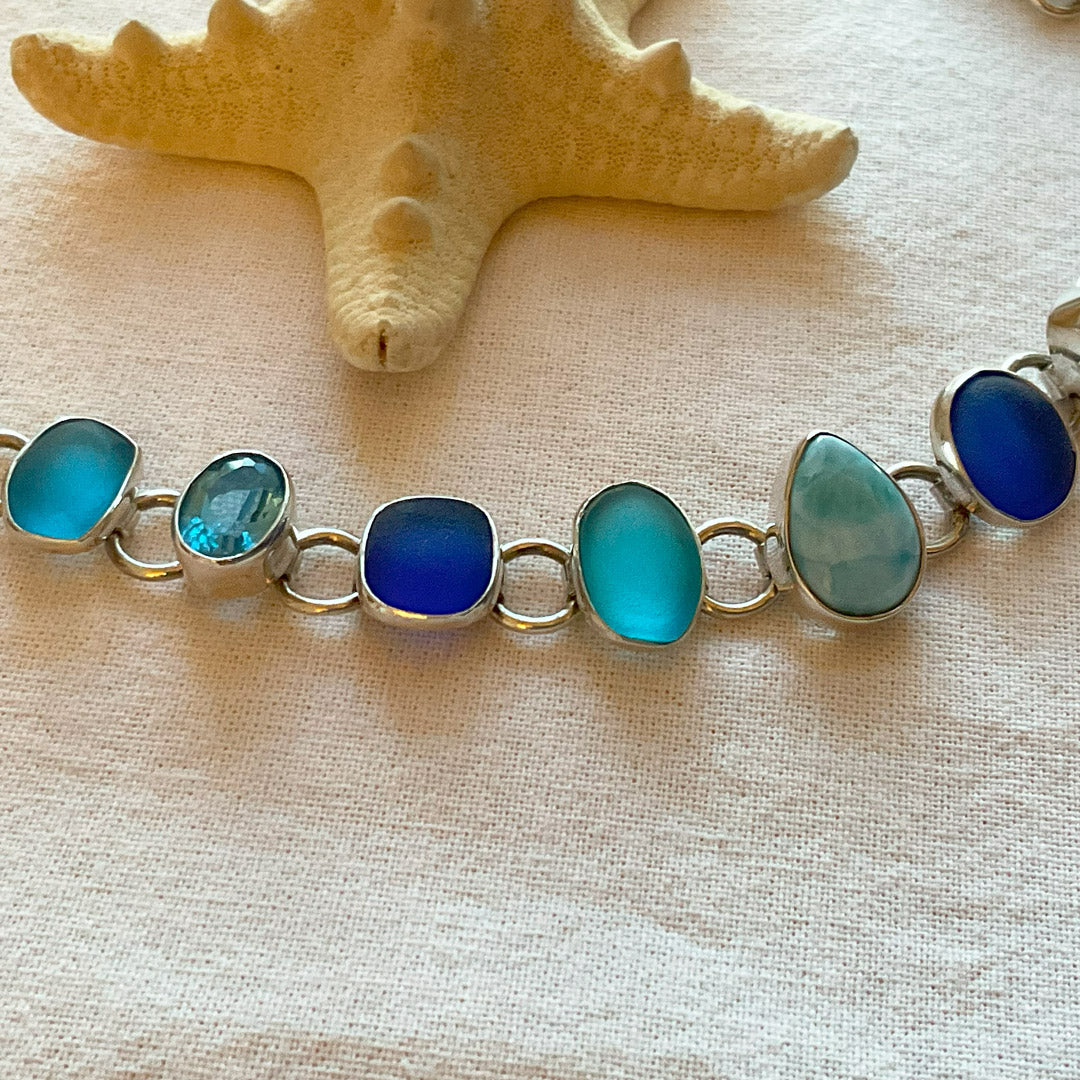 Larimar, Blue Quartz, Sea Glass & Sterling Silver Bracelet