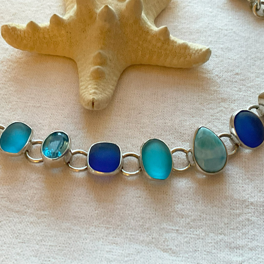 Larimar, Blue Quartz, Sea Glass & Sterling Silver Bracelet