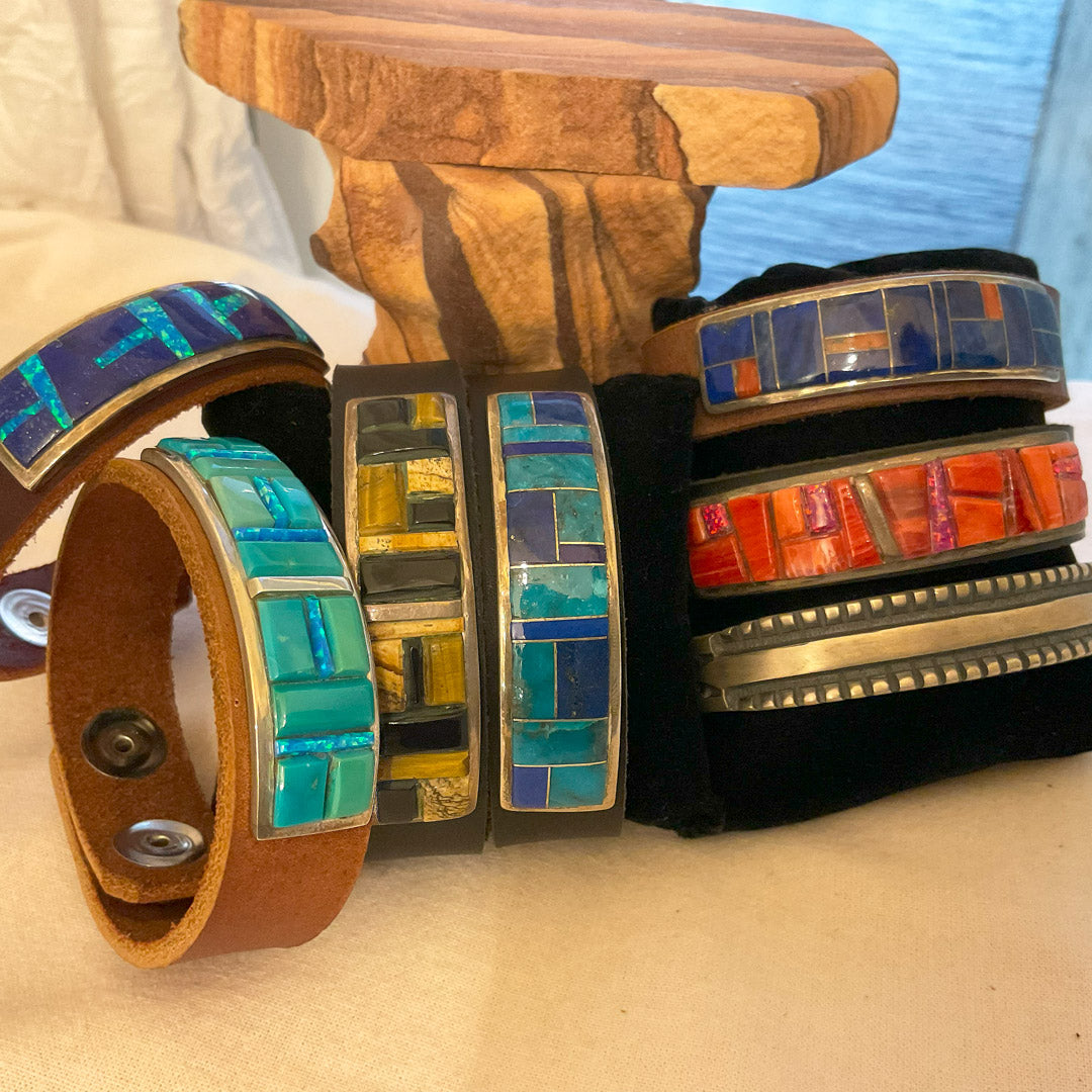 Zuni Inlaid Leather Bracelets. Different Combinations Include: Turquoise, Opal, Landscape Jasper, Spiney Oyster, Tiger Eye, and Jet (Each Sold Separately)