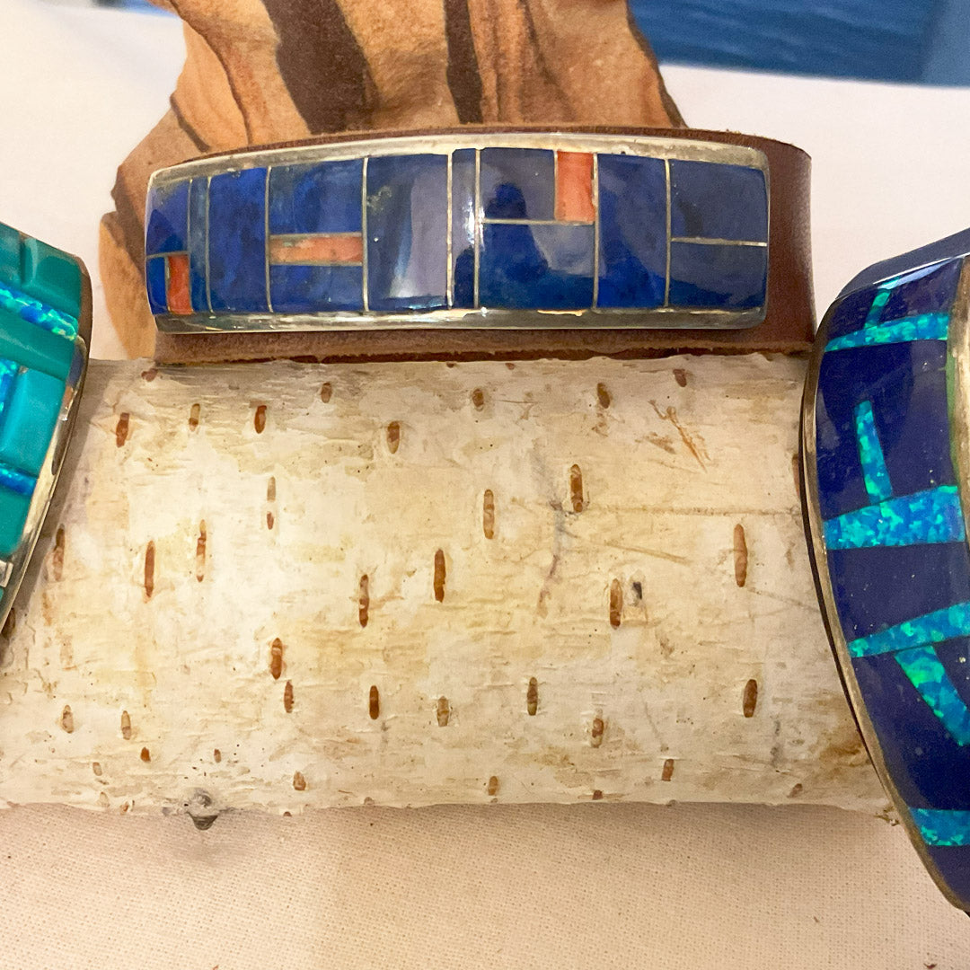 Zuni Inlaid Leather Bracelets. Different Combinations Include: Turquoise, Opal, Landscape Jasper, Spiney Oyster, Tiger Eye, and Jet (Each Sold Separately)