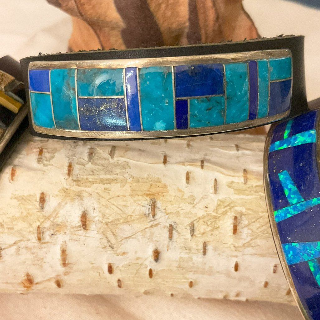 Zuni Inlaid Leather Bracelets. Different Combinations Include: Turquoise, Opal, Landscape Jasper, Spiney Oyster, Tiger Eye, and Jet (Each Sold Separately)