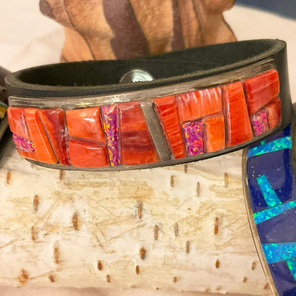 Zuni Inlaid Leather Bracelets. Different Combinations Include: Turquoise, Opal, Landscape Jasper, Spiney Oyster, Tiger Eye, and Jet (Each Sold Separately)