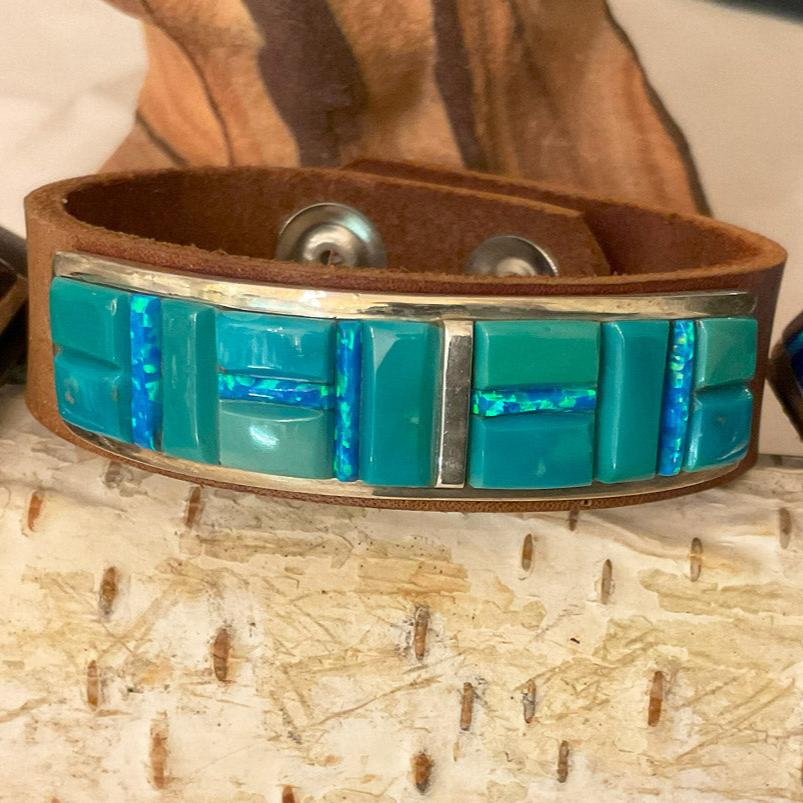 Zuni Inlaid Leather Bracelets. Different Combinations Include: Turquoise, Opal, Landscape Jasper, Spiney Oyster, Tiger Eye, and Jet (Each Sold Separately)