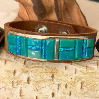 Zuni Inlaid Leather Bracelets. Different Combinations Include: Turquoise, Opal, Landscape Jasper, Spiney Oyster, Tiger Eye, and Jet (Each Sold Separately)