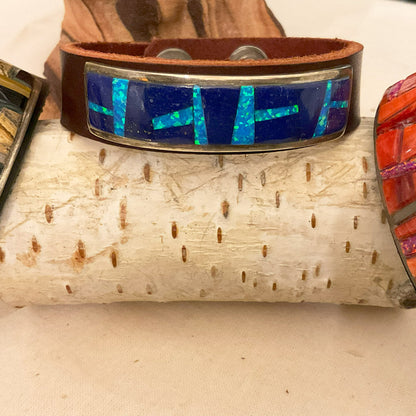 Zuni Inlaid Leather Bracelets. Different Combinations Include: Turquoise, Opal, Landscape Jasper, Spiney Oyster, Tiger Eye, and Jet (Each Sold Separately)