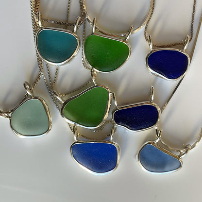 Horizon Double Bail Genuine Sea Glass and Sterling Silver Pendant - Variety of Colors: Cornflower, Cobalt, Aqua, & Green - Each Sold Separately