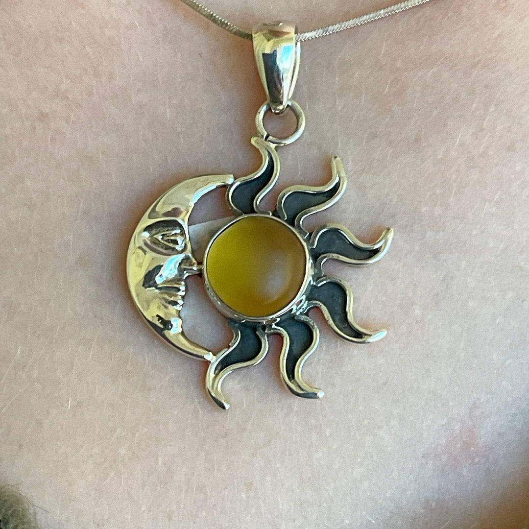 Sun and Moon Genuine Sea Glass and Sterling Silver Pendant