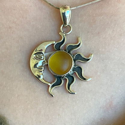 Sun and Moon Genuine Sea Glass and Sterling Silver Pendant