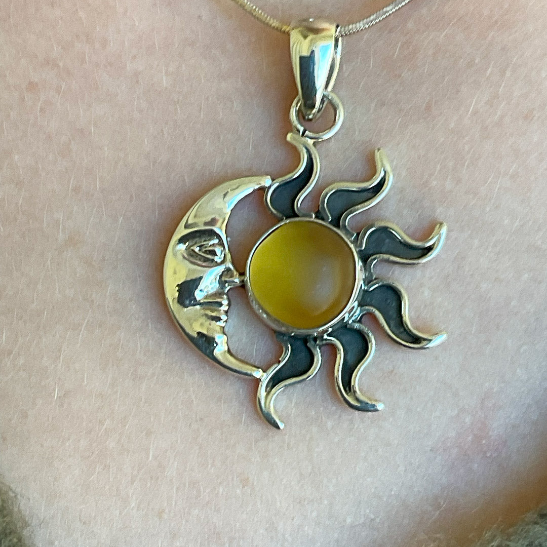 Sun and Moon Genuine Sea Glass and Sterling Silver Pendant