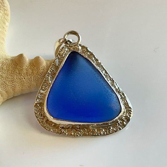 One-of-a-kind Cornflower Cobalt Sea Glass and Sterling Silver Pendant