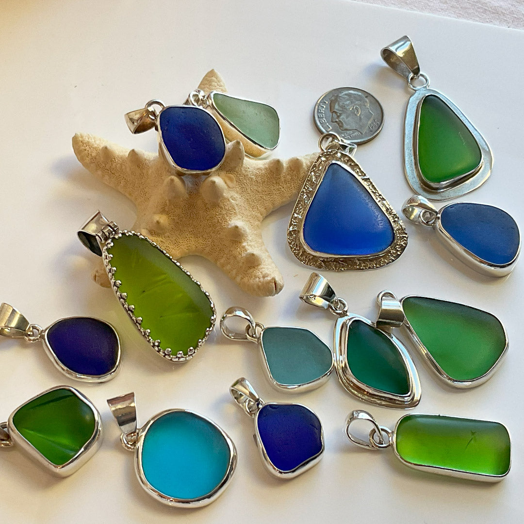 Cornflower Sea Glass and Sterling Silver Pendant Made in MA