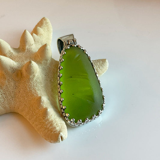 Chartreuse Collectors Green Sea Glass and Sterling Silver Pendant