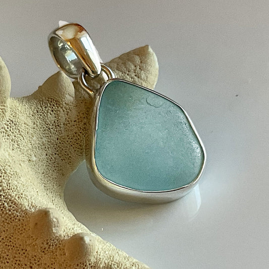 Aqua Sea Glass and Sterling Silver Pendant