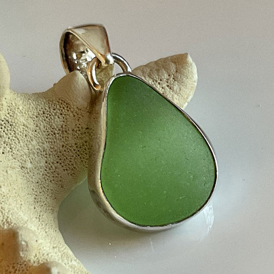 Green Sea Glass and Sterling Silver Pendant