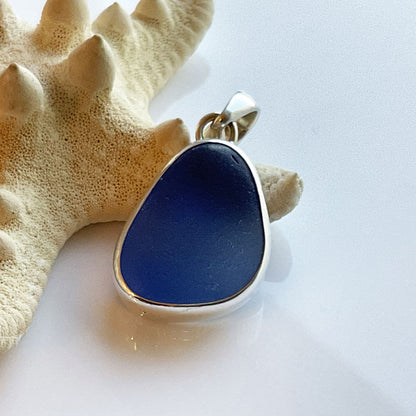 Genuine Cornflower Sea Glass and Sterling Silver Pendant