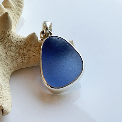 Genuine Cornflower Sea Glass and Sterling Silver Pendant