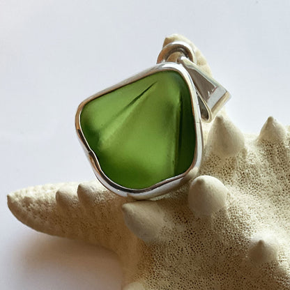 Green Sea Glass and Sterling Silver Pendant (Unusual Rivets)