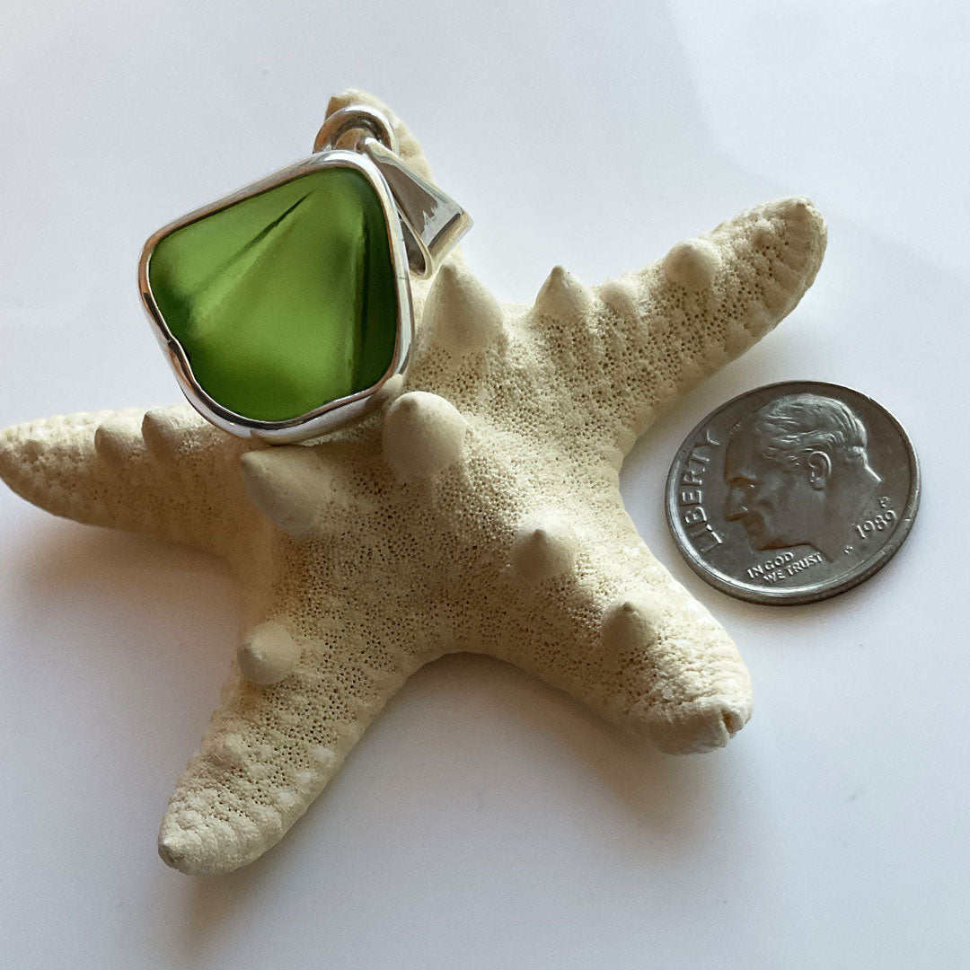 Green Sea Glass and Sterling Silver Pendant (Unusual Rivets)