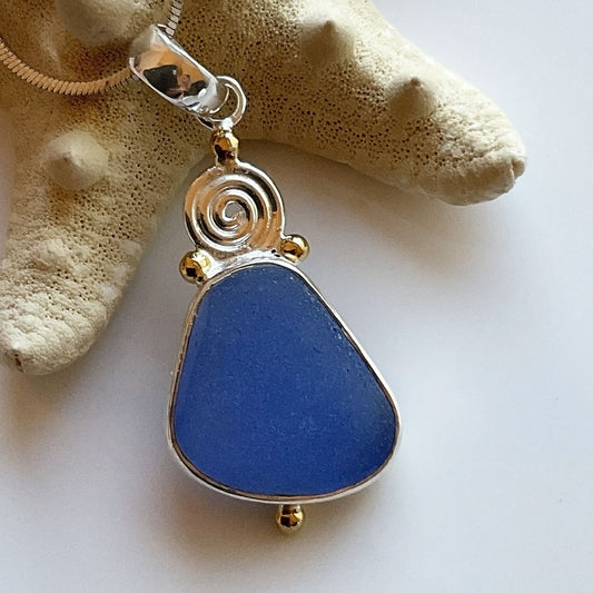 Gold and Sterling silver Cornflower Genuine Sea Glass Pendant