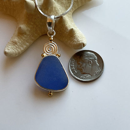 Gold and Sterling silver Cornflower Genuine Sea Glass Pendant