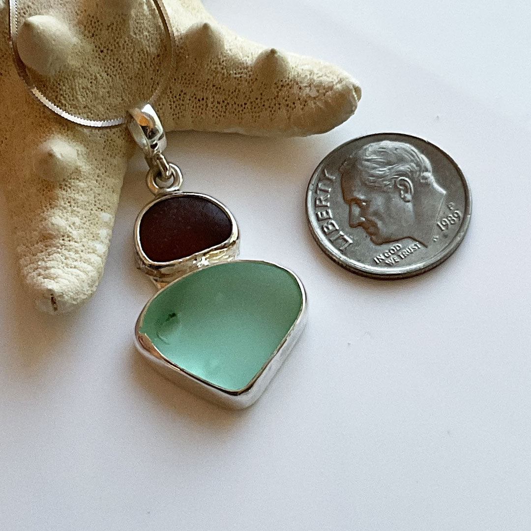 Mayan Amber & Seafoam Sea Glass and Sterling Silver Pendant