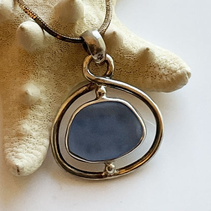 Cornflower Sea Glass and Sterling Silver Pendant Made in MA