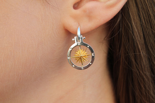 Sterling Silver and Gold Compass Rose Earrings