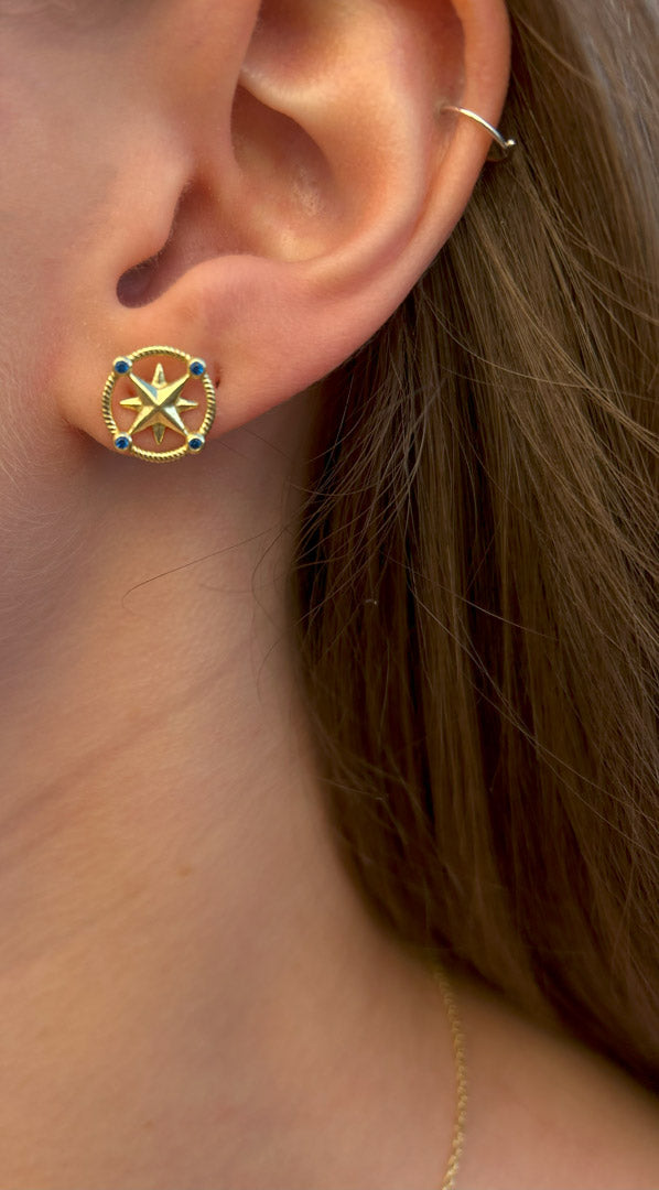 Gold Compass Rose with Sapphire Earrings