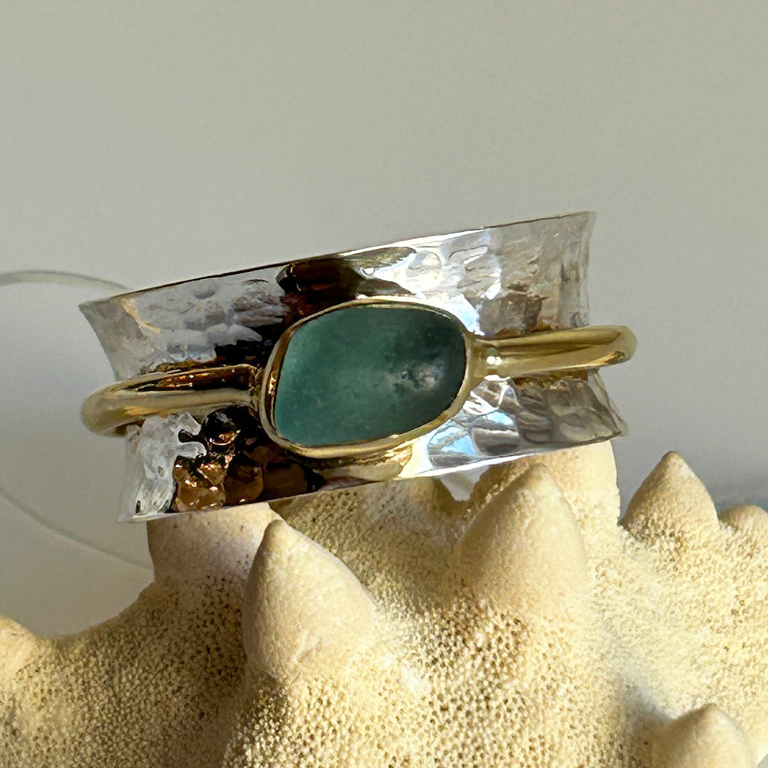 Genuine Sea Glass, Gold, & Sterling Silver Spinner Ring