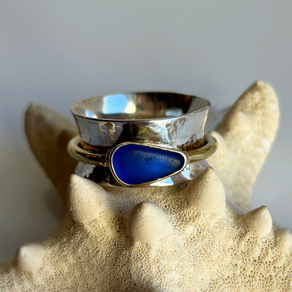 Genuine Cobalt Sea Glass, Gold, & Sterling Silver Spinner Ring