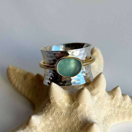 Genuine Green Sea Glass, Gold, & Sterling Silver Spinner Ring