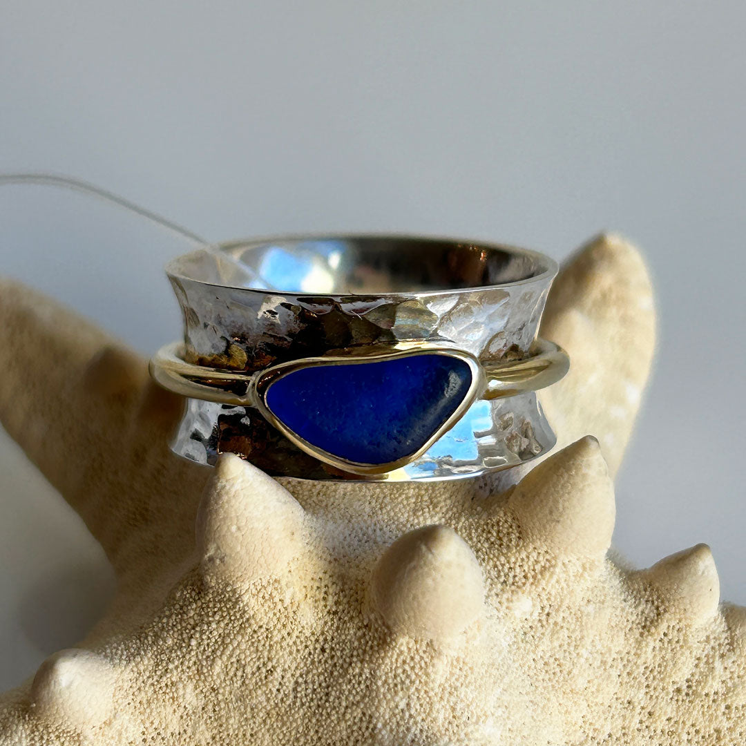 Beautiful Cobalt Sea Glass, Gold, & Sterling Silver Spinner Ring