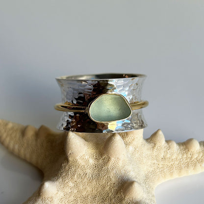 Beautiful Green Sea Glass, Gold, & Sterling Silver Spinner Ring