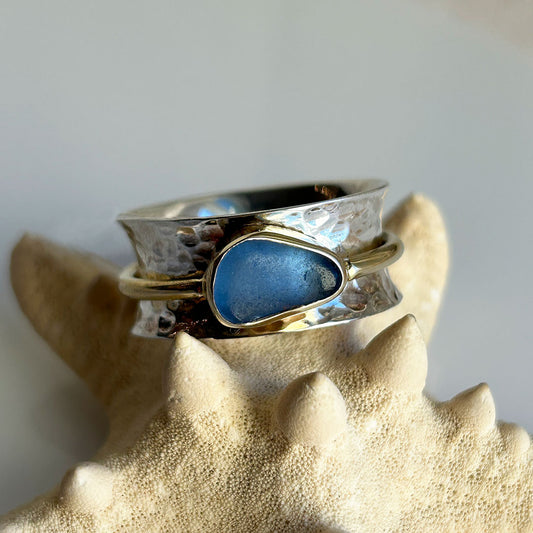 Genuine Blue Sea Glass, Gold, & Sterling Silver Spinner Ring