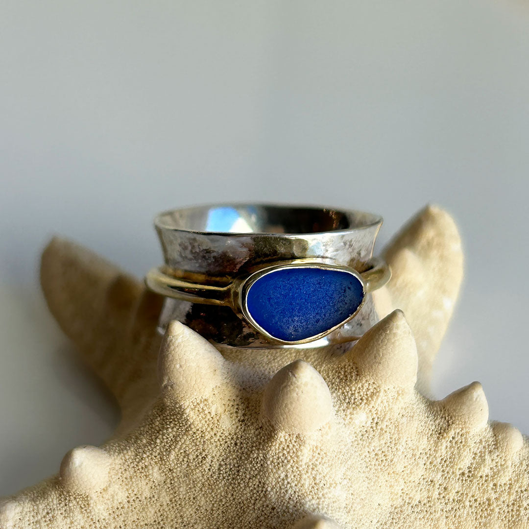 Beautiful Cobalt Sea Glass, Gold, & Sterling Silver Spinner Ring