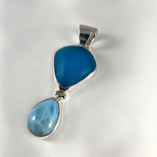 Larimar, Sea Glass & Sterling Silver Pendant