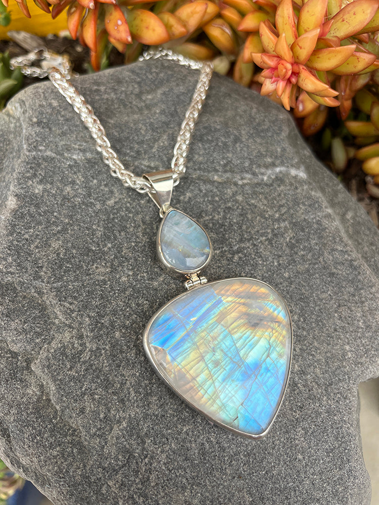 Blue Fire Moonstone Pendant Set in Sterling Silver Handmade