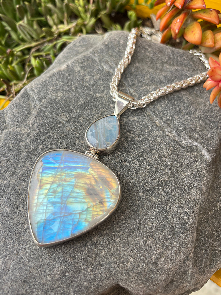 Blue Fire Moonstone Pendant Set in Sterling Silver Handmade