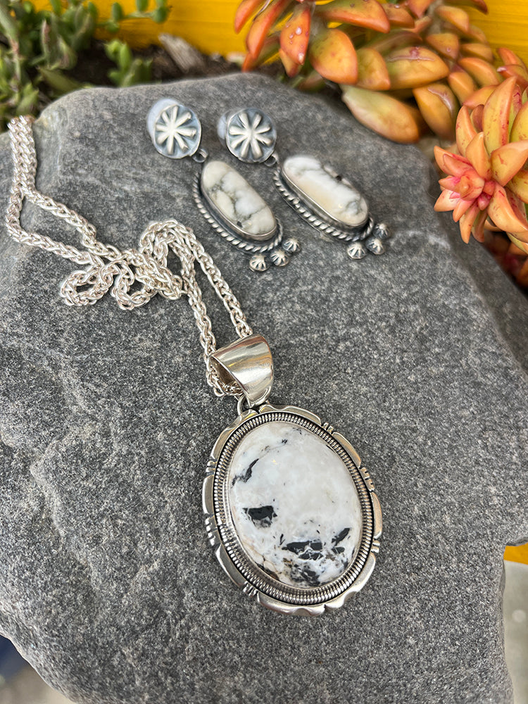 White Bufalo Earrings Set in Sterling Silver Handmade by the Navajo