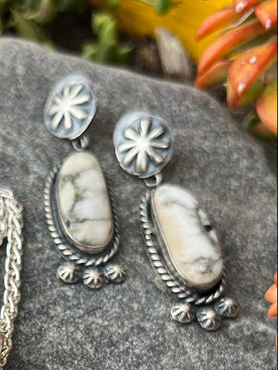 White Bufalo Earrings Set in Sterling Silver Handmade by the Navajo