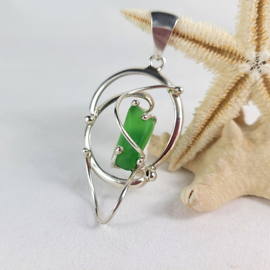 Genuine Handmade Green Sea Glass and Sterling Silver Pendant