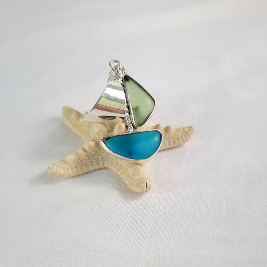 Beautiful Sea Glass Sailboat and Sterling Silver Pendant