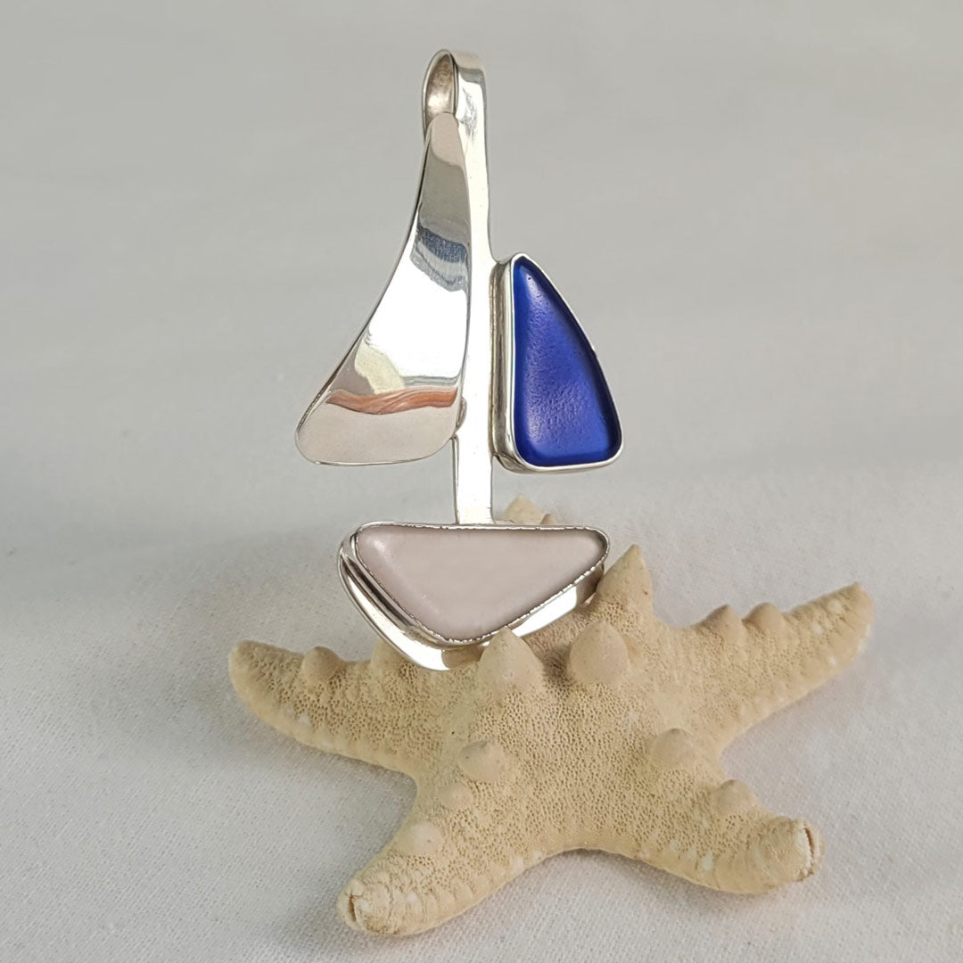 Genuine Sea Glass Sailboat & Sterling Silver Pendant