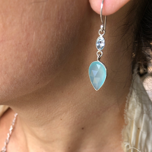 Earrings- Sterling Silver Facetted Chalcedony & Crystal