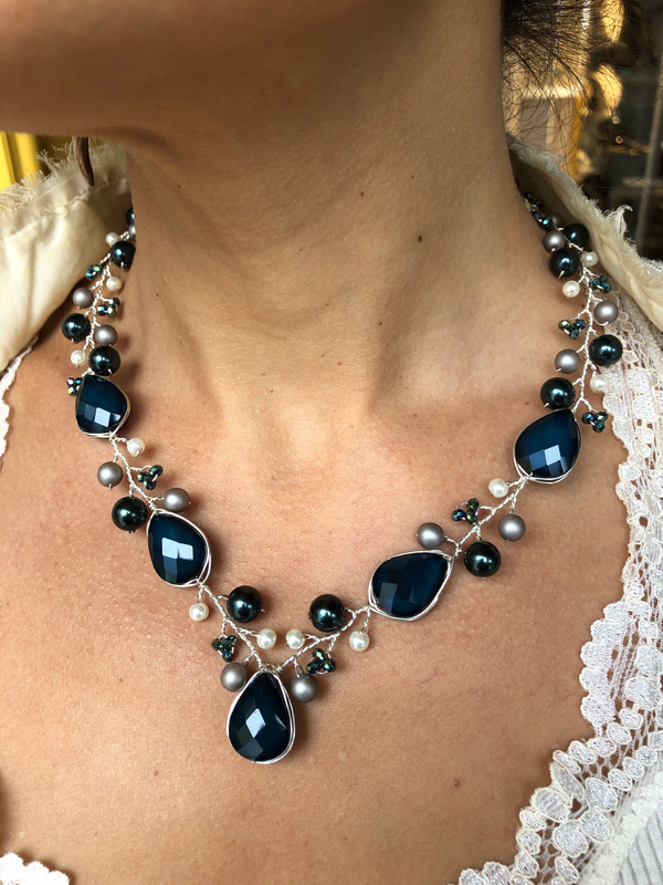 Branch Necklace- Midnight Blue, Grey, & Pearl