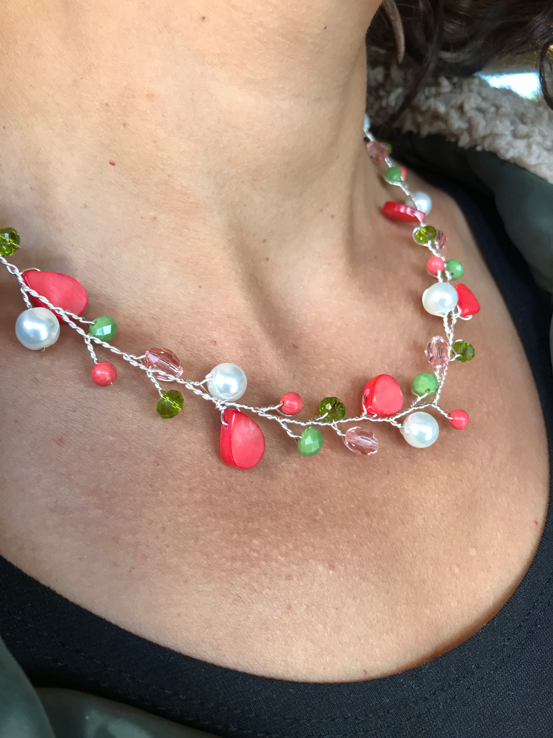 Branch Necklace- Pink, Green, & White