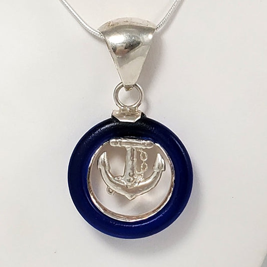 Cobalt Bottle Top Sea Glass & Sterling Silver Anchor Pendant